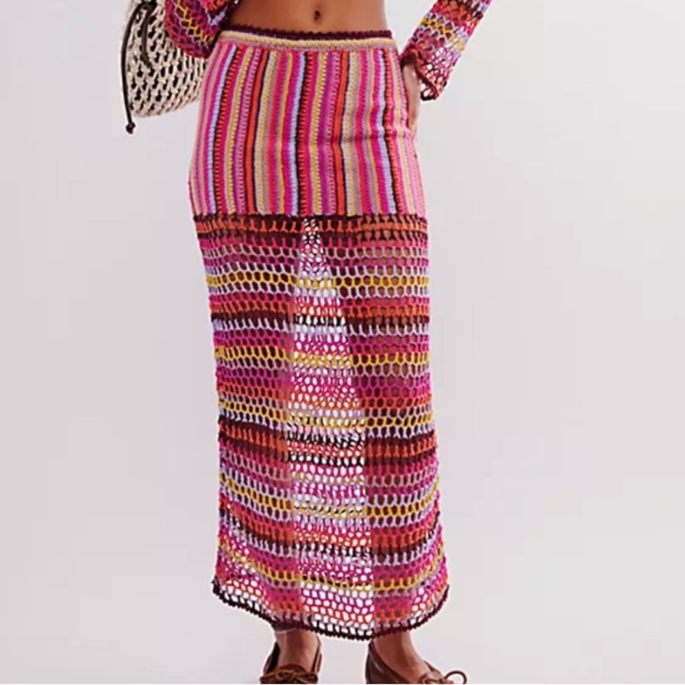 NWT FREE PEOPLE sunrise bali Striped Crochet Maxi Skirt size medium